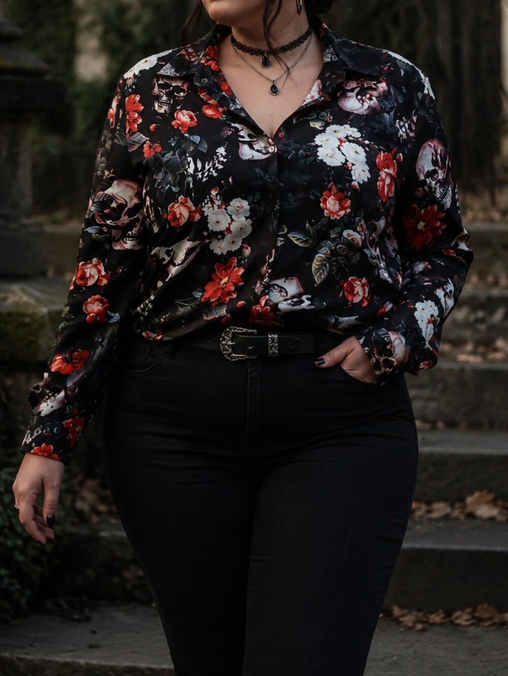 Women's Black Skull & Red Floral Button-Front Blouse | Gothic V-Neck Long Sleeve